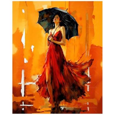 Imagem de Kit de pintura de retrato por números para adultos - DIY mulher vestido vermelho com guarda-chuva preto pintura em tela 40,6 x 50,8 cm, conjunto de tinta acrílica, adequado para iniciantes, arte para