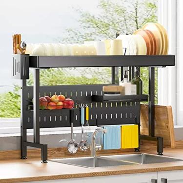 Imagem de AKALNNB Organizador de cozinha 2 camadas de largura ajustável com armário escorredor de pratos ajustável grande com suporte de utensílios, organizador de escorredor de pratos de cozinha (cor: preto