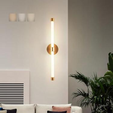 Imagem de GZZBMY Lâmpada de parede interna LED três temperaturas regulável lâmpadas de parede modernas metal iluminação de parede longa para sala de estar quarto escada corredor 3000 K-6500 K (dourado, 60 cm)