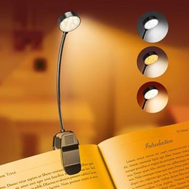 Imagem de KTEBO Luz de livro recarregável para leitura na cama, lâmpada de leitura de livros para cuidados com os olhos com 10 modos de LED, luz de encaixe portátil leve de 37 g, luz de fixação ajustável de 360