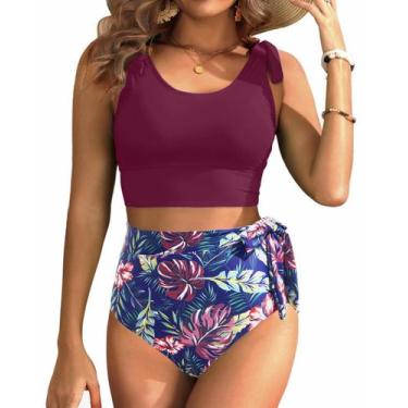 Imagem de Maiô Yonique 2PC 2025 Purple Leaf High Wisted Tummy Control