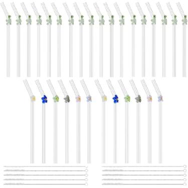 Imagem de 30 canudos reutilizáveis de vidro transparente com 10 peças de escova de limpeza, resistente ao calor, lindos canudos dobrados de flores para smoothies, chás, sucos, milkshakes, coquetéis (30 peças