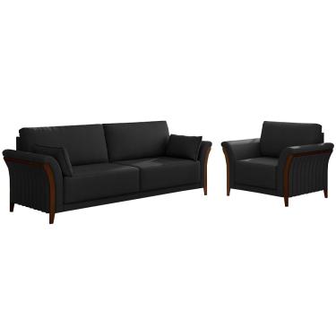 Imagem de Conjunto Decorativo Poltrona e Sofá 222cm Market PU Preto - Gran Belo