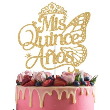 Imagem de Mis Quince Anos Cake Topper, Feliz 15 Anos Hello 15, Happy 15th Birthday Party Decoration Supplies, Mis Años Decoration Gold Glitter