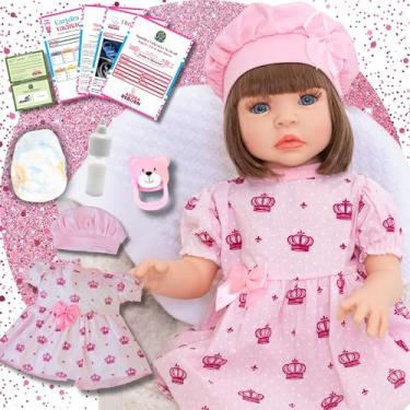 Imagem de Boneca Bebê Reborn Menina Realista em Silicone com Roupinha e Acessórios Inclusos 45 cm (Vestido Rosa)