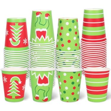 Imagem de Whaline 100 peças de copos de papel de Natal 255.1 g Red Green Polka Dot Stripe Xícaras de café descartáveis para Natal, inverno, festas de fim de ano