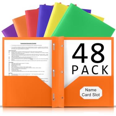 Imagem de Pastas de plástico com bolsos e pinos, pacote com 48 pastas resistentes de 3 pinos com 2 bolsos, tamanho carta com fixadores para estudantes, professores, faculdades, cores sortidas