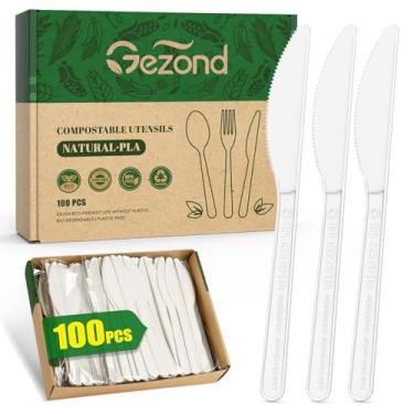 Imagem de Gezond Facas 100% compostáveis, 100 unidades, facas PLA biodegradáveis sem plástico, descartáveis e ecológicos, talheres resistentes adequados para festas, piquenique, escritório, uso diário