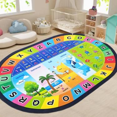 Imagem de USTIDE Tapete grande oval infantil 1,8 x 2,8 m, alfabeto ABC, tapete educacional para sala de aula, formas, tapete oval antiderrapante para área de aprendizagem para quarto, sala de jogos, decoração