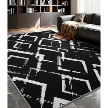 Imagem de YIHOUSE Tapete geométrico moderno preto 15 x 23 cm, preto e branco com padrões abstratos de diamante, tapetes laváveis que não caem para quarto, escritório em casa e sala de estar