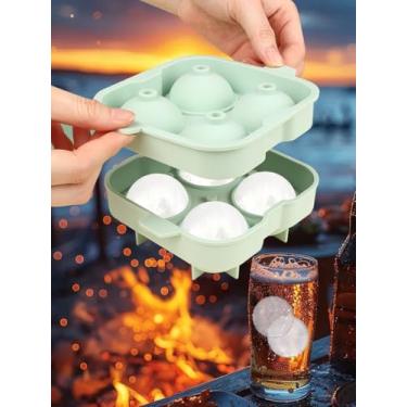 Imagem de Bandeja de silicone para cubos de gelo com tampa – 4 moldes grandes de bolas de gelo para uísque, coquetéis e congelamento de cubos de gelo, verde