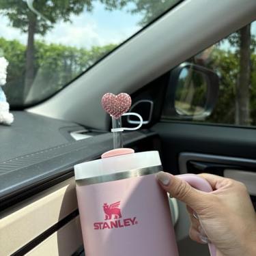 Imagem de Topper de palha rosa com coração brilhante para Stanley Cup, capa de canudo de strass brilhante de 10 mm para acessórios de copo de 1,134 g