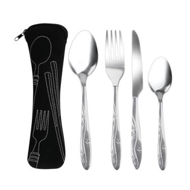 Imagem de Conjunto de 4 peças de talheres com bolsa portátil, faca e garfo de aço inoxidável, conjunto de utensílios de acampamento para piquenique, escola, escritório, espelho, polido, lavável na lava-louças