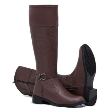 Imagem de Bota Montaria Feminina Cano Alto, Couro Sintético, Antiderrapante, Salto Quadrado, Zíper Lateral, Moderna (Capuccino, Padrão BR, BR, Adulto, Numérico, 34)