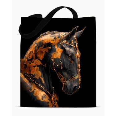 Imagem de Bolsa de ombro preta e dourada com estampa de animal - lona estética de cavalo - bolsa de ombro preta dourada moderna reutilizável para compras, trabalho, viagem, praia, bolsas