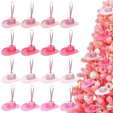 Imagem de 16 peças ornamentos de chapéu de vaqueira, decorações de árvore de Natal ocidental, chapéu de cowboy rosa com glitter, enfeites para pendurar para decoração de árvore de Natal