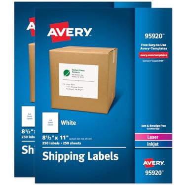 Imagem de Avery Etiquetas de endereço de entrega, impressoras a laser e jato de tinta, 250 etiquetas, etiquetas de folha completa, permanente, 2 pacotes (95920)