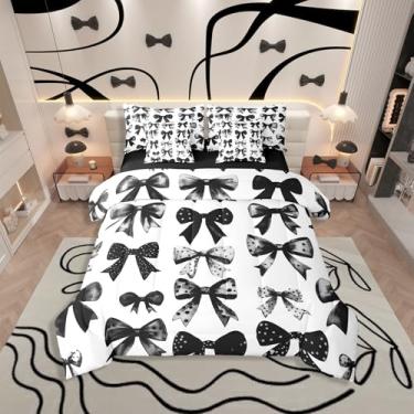 Imagem de Erosebridal Jogo de cama solteiro com laço, preto e branco em uma bolsa, conjunto de edredom preto com gravata borboleta preta com lençóis, conjunto de cama de 7 peças, decoração de quarto