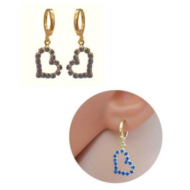 Imagem de Brinco Feminino Coração Strass Cristal Azul Folheado Ouro 18k Antialér