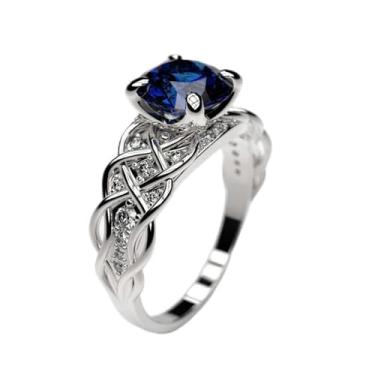 Imagem de Anéis de noivado de zircônia cúbica azul folheados a prata, alianças de compromisso, festas noturnas, presentes de dia dos namorados, alianças de eternidade para mulheres, 9, Cobre, Sem pedra preciosa