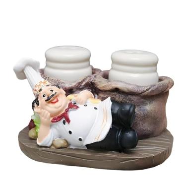 Imagem de Conjuntos de saleiro e pimenteiro, estátua decorativa de chef sentado, organizador de especiarias, potes de temperos de vidro com suporte, estatueta de presente para família, cozinha, restaurante