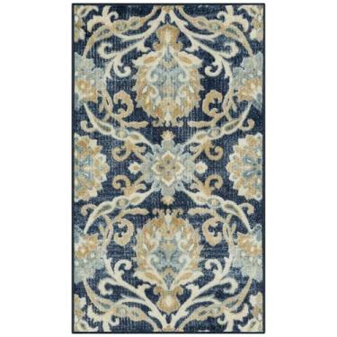 Imagem de Maples Rugs Tapetes de área de damasco florescendo – Feito nos EUA – Lavável, Tapete antiderrapante para entrada, hall de entrada, cozinha e banheiro, 86 cm x 50 cm, azul marinho/dourado