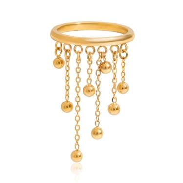 Imagem de Izpack Anel feminino com pingente de borla de bola minúscula - Anel de aço inoxidável banhado a ouro 18 quilates com contas redondas penduradas em corrente de dedo com pingente de dedo da articulação