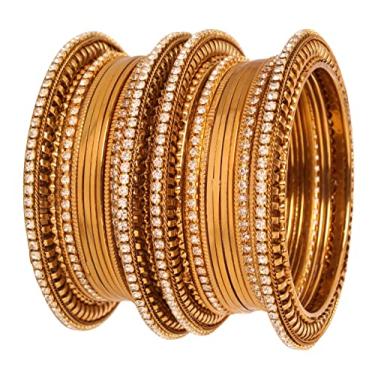 Imagem de Conjunto de 24 pulseiras charmosas tradicionais de joias de designer de strass branco transparente de Bollywood indiano Touchstone em tom dourado antigo para mulheres.