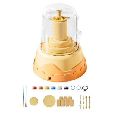 Imagem de FashionCha Torno de Oleiro Infantil, Kit Completo de Cerâmica, Materiais de Arte, Prato Giratório Removível, Ferramentas de Escultura Compactas para Crianças a P, amarelo