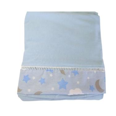 Imagem de Jogo de Lençol com Elástico para Berço Americano, 160x98x12cm, Malha 100% Algodão, 2 Peças, Fronha com Ponto Palito, Antialérgico (Barrado Céu/Azul Bebê)