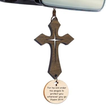 Imagem de Cruz para espelho de carro para pendurar cristão com versículo da Bíblia - I Am with You Always - Ornamento de acessórios de carro cristão - Cruz para espelho retrovisor - presentes para novos