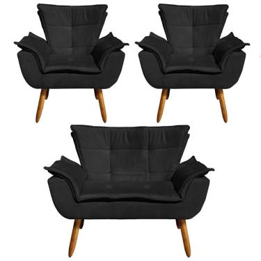 Imagem de Kit Namoradeira 2 Lugares E 2 Poltronas Decorativas Pés Palito Opla Suede Preto - Ibiza