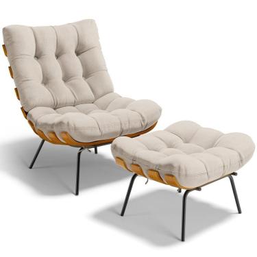 Imagem de Poltrona Costela L02 Com Puff Linho Cru - Lyam Decor