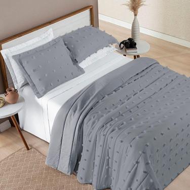 Imagem de Cobre Leito Colcha Queen Pompom 3 Peças Cinza - 100% Poliéster