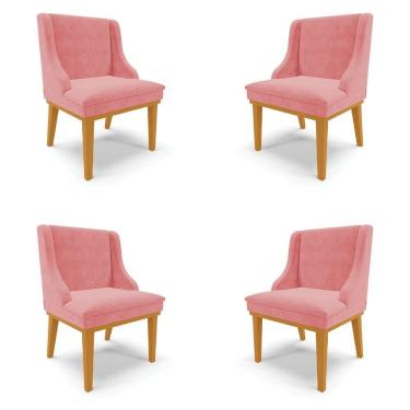 Imagem de Kit 4 Cadeiras Decorativas Sala De Jantar Base Fixa De Madeira Firenze Suede Rose/castanho