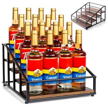 Imagem de Rack organizador de xarope de café, prateleira de exibição de garrafa de licor, suporte de 4 garrafas de xarope de 16 níveis para cafeteria, cozinha, pequeno rack de vinho para armazenamento familiar