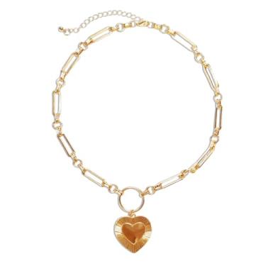 Imagem de Colar com pingente de ouro grosso para mulheres, elegante colar de metal com pingente de coração grande, corrente de clavícula vintage ajustável, acessórios de joias de festa da moda, colares