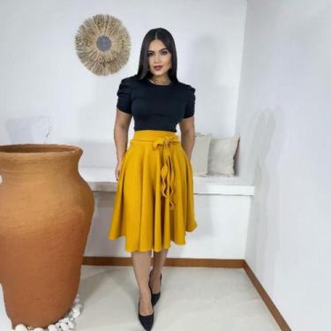 Imagem de Saia Midi Godê Moda Evangélica Feminina - Miss Flower, Mostarda, GG