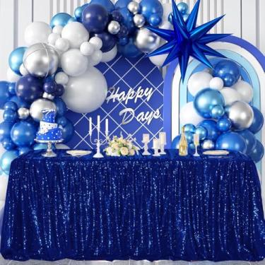 Imagem de FYLEDAEE Toalha de mesa azul royal com lantejoulas 152 x 300 cm, retangular, brilhante, para casamento, chá de bebê, aniversário, férias, formatura, dia dos pais, jantares, jantares, decoração de mesa
