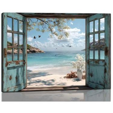 Imagem de Tela de praia com janela aberta emoldurada arte de parede costeira decoração de parede imagem flores brancas e borboletas pintura arte de parede janela falsa horizontal natureza paisagem litorânea