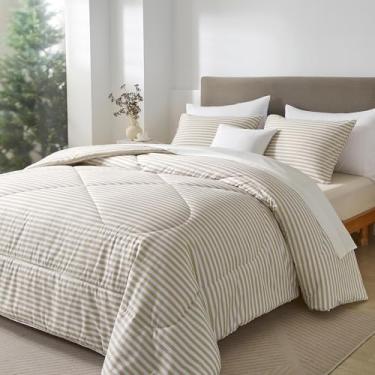Imagem de mixinni Conjunto de edredom listrado caramelo tamanho casal - Conjunto de cama com estampa de listras bege para todas as estações, conjunto de cama leve de 3 peças para todas as estações (1 edredom