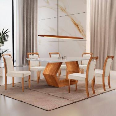 Imagem de Mesa Ane 180 Tampo Com Vidro Laqueado Com 6 Cadeiras Livia Linho Off White Imbuia Natural