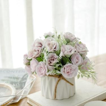 Imagem de TKAS Arranjo de flores falsas em vaso de cerâmica, rosas artificiais de seda sintética, floral pequeno realista de estilo seco, mesa de jantar para decoração de casa de festa de casamento (Roxo)