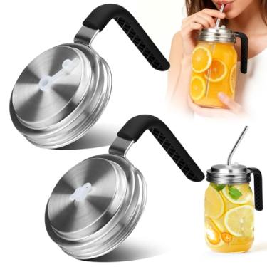 Imagem de Palksky Tampas de pote de vidro com boca larga com orifício de palha, tampa de aço inoxidável com alça e anéis de silicone, tampa de canudo resistente a derramamentos para café gelado, suco, limonada