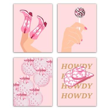 Imagem de Conjunto de 4 pôsteres Disco Cowgirls, decoração de arte de parede rosa Howdy para quarto, sala de estar, vaqueiras, casa, decoração de quarto elegante, rosa, impressão de imagem ocidental, decorações