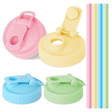 Imagem de Conjunto de 4 tampas de pote de vidro de boca larga de 8,6 cm, tampas de vidro com substituições de bico de despejo, 4 canudos reutilizáveis de silicone, kit rosa, amarelo, azul, verde, à prova de