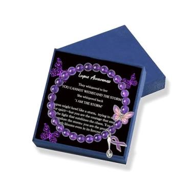 Imagem de Gowvvxu Pulseira de conscientização de lúpus, pulseira de contas de ametista roxa com colher de fita roxa e borboleta, presente inspirador para pacientes com lúpus, presentes de apoio à
