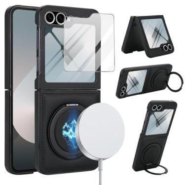Imagem de XKchatpt Capa para Samsung Galaxy Z Flip 6, suporte giratório de 360° com protetor de tela, couro PU suporta carregamento sem fio, antichoque, capa antiqueda para Galaxy Z Flip 6 (preto)