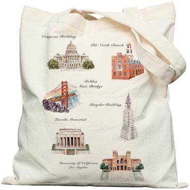 Imagem de bafayago Sacola feminina de lona - Bolsa de mão dupla face com alça larga para marcos mundiais com fecho de pressão para trabalho, compras, viagens, viagens, presentes para viajantes