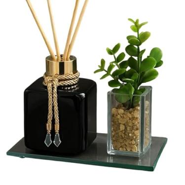 Imagem de Kit Aromatizador Luxo 300ml com Frasco PET Preto, Varetas Difusoras e Bandeja de Vidro – Decoração e Perfume para o Ambiente